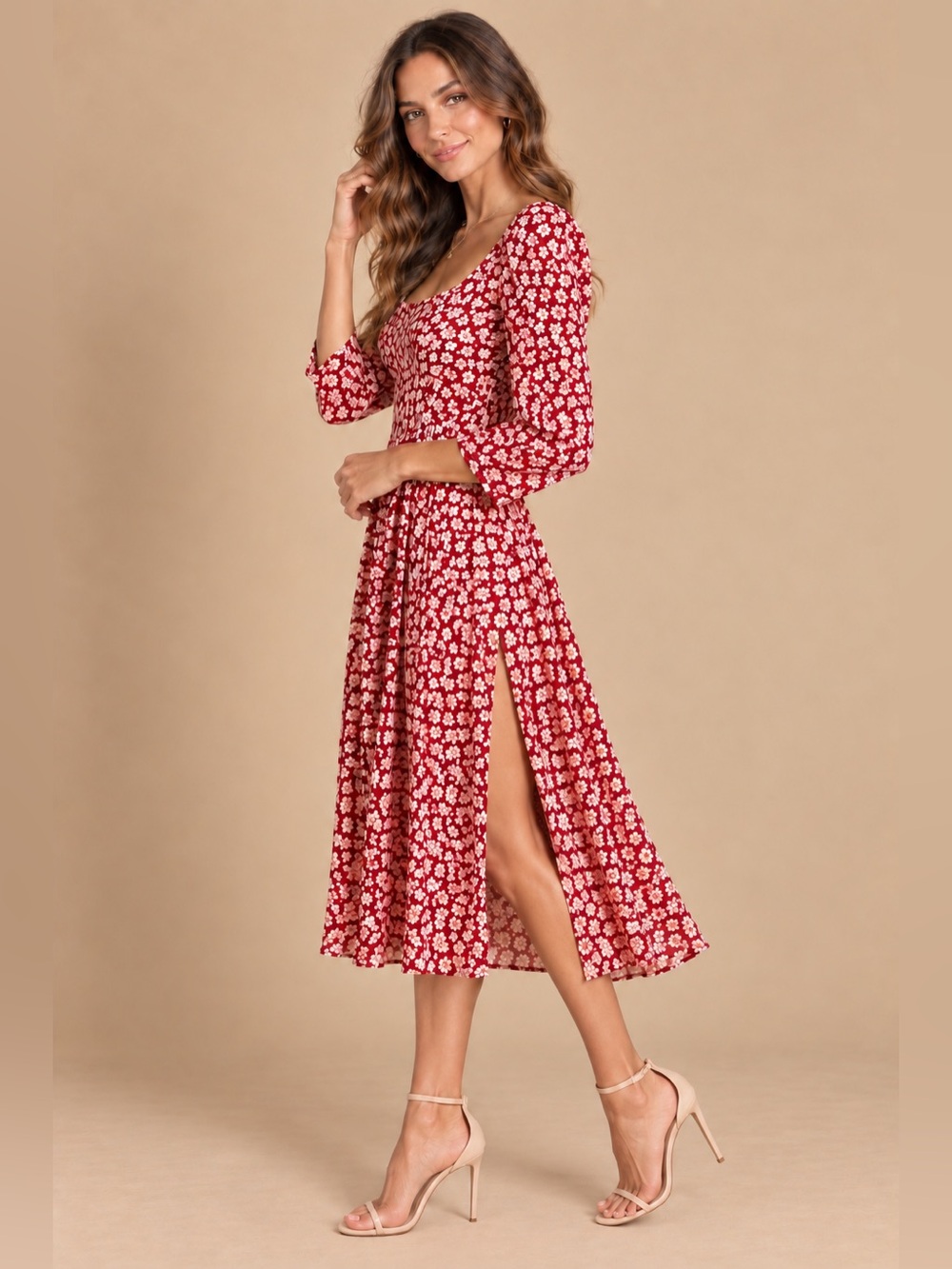Reformation Red Ivory Floral Square Neck 3/4 Sleeve Midi Dress Size 0 Boho Style - Picture 4 of 11